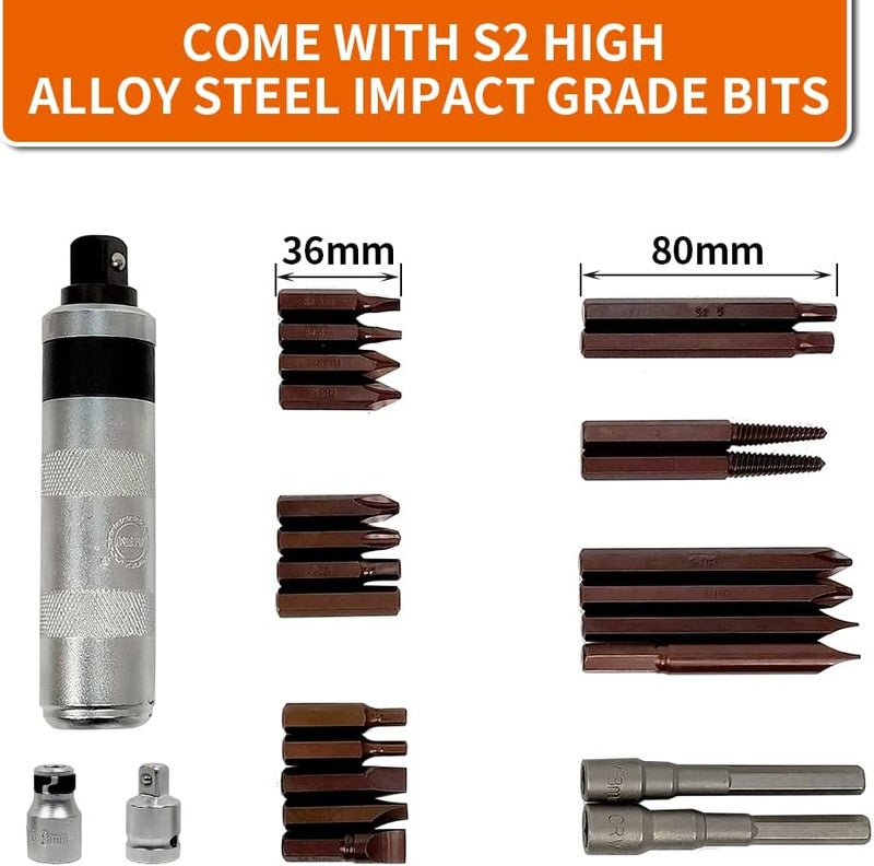 AKM Hand Manual Reversible Impact Driver Set Extractor-26 PCS Impact Screwdriver S2 Steel Hex Phillips Slotted Screwdriver Bits Much More Durable Disengage Rusted Fasteners or Frozen Bolts - Image 4